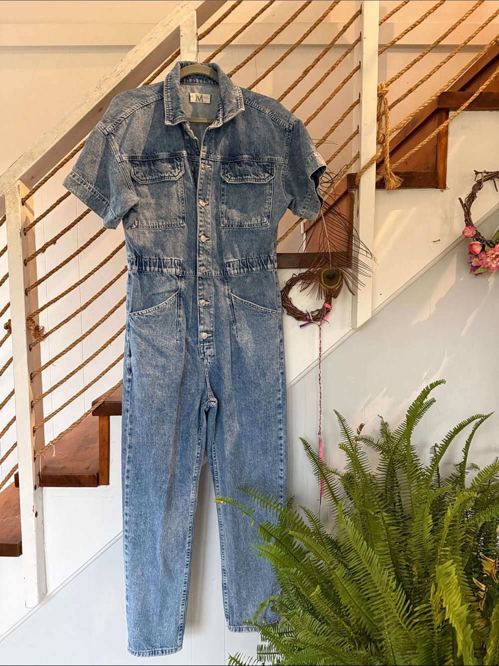 We The Free Light Blue Denim Short-Sleeve Jumpsuit